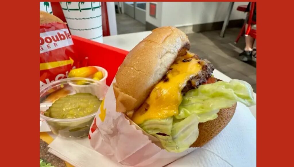 Animal style burger is served at in n out  dining hall.