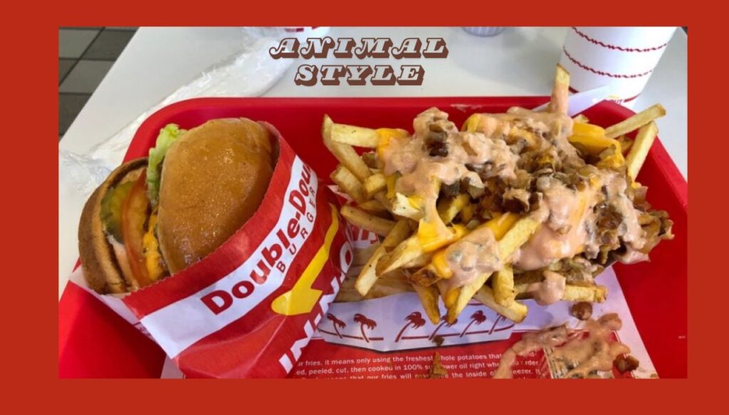 Animal style fries are served with burger at in n out tray.